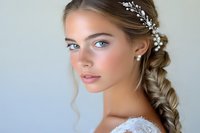 Young Caucasian bride with blue eyes wearing delicate pearl and crystal hair accessories in braided hairstyle, natural makeup, and white lace wedding dress against light background.