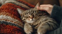 Contented tabby cat enjoying head scratches while relaxing on cozy knitted blanket. Close-up shows peaceful expression and warm autumn colors.
