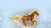 Glowing golden horse galloping through a winter scene with snowflakes and sparkling light particles on a soft blue background.