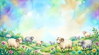 Flock of sheep grazing in lush meadow with wildflowers, rolling hills, and soft watercolor sky in pastel tones. Suitable for children's books, farm themes, and pastoral designs.