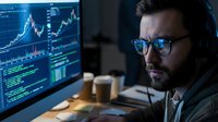 Male trader with dark hair and beard wearing glasses and headphones analyzes stock market charts on multiple monitors in dark office environment for financial analysis and trading concepts.
