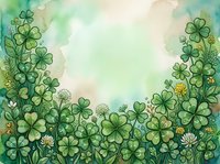 Watercolor green clover and shamrock border with soft pastel background, copy space for text, Saint Patricks Day greeting card design.