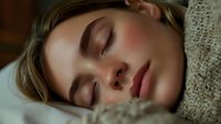 Young woman with natural makeup sleeping peacefully on beige knitted sweater, soft moody lighting creates intimate atmosphere for wellness and lifestyle content.