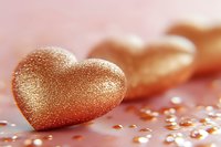 Shimmering golden heart decoration with glitter texture on pink background with scattered sparkles, creating romantic festive mood for Valentine's day designs.