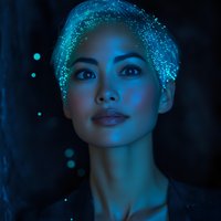 Young Asian woman illuminated by ethereal blue light with glowing sparkles in her hair against dark background, creating magical atmospheric portrait.