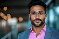 Portrait of confident South Asian businessman wearing glasses and pink shirt with blazer, standing in modern office environment with bokeh lights.