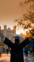 Graduate celebrating with raised arms at sunset on campus wearing cap and gown after commencement ceremony achievement milestone education success.