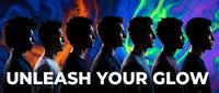 Silhouettes of seven diverse individuals against vibrant neon gradient backdrop in blue, orange, green and purple hues. Suitable for music, entertainment, youth culture and creative industry marketing.