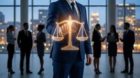 Professional businessman in dark suit holding glowing scales of justice symbol with corporate team silhouettes in modern office at dusk.