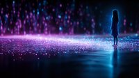 Mysterious silhouette of woman standing in glowing neon light with magical sparkles and bokeh effects on dark background, purple and blue colors create dreamy atmosphere.