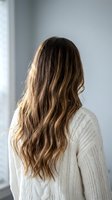 Woman with long wavy brown hair with highlights wearing white knit sweater viewed from behind in modern interior for hair care and beauty concepts.
