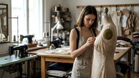 Young female fashion designer working on dress using mannequin in creative studio workspace with sewing tools and fabric materials for clothing design.