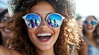 Young African American woman with curly hair wearing mirrored sunglasses reflecting summer scenery, showing bright white smile and joyful expression at outdoor event.