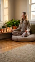 Middle-aged Caucasian woman meditating on floor cushion in serene home interior with potted plants and candles by windows for wellness and mindfulness.
