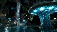 Glowing bioluminescent mushrooms in dark mystical forest with water reflections and magical light particles creating ethereal fantasy atmosphere.