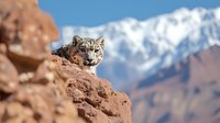 Snow leopard resting on rocky outcrop against backdrop of majestic snow-capped mountains in high-altitude wilderness habitat.