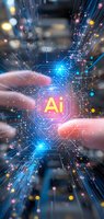 Glowing AI symbol between hands surrounded by digital network connections, circuit patterns, and luminous particles in blue and orange tones against dark background.