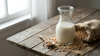 Fresh soy milk in a glass bottle with soybeans on a rustic wooden table, natural light, healthy plant-based dairy alternative concept.