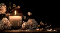 Glowing candle in glass jar surrounded by delicate white peonies on dark wooden surface, creating serene atmosphere for meditation or remembrance.