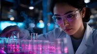 Young Asian female scientist in lab coat and safety glasses examining test tubes with glowing pink liquid in modern laboratory with blue ambient lighting.