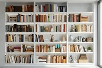 Modern white built-in bookshelf with organized books and decorative objects in bright contemporary living room interior for home library design.