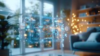 Futuristic smart home interface with glowing digital icons and network connections floating in living room space with cozy evening atmosphere and bokeh lights.
