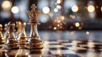 Golden chess pieces on board with bokeh lights in background, dramatic close-up showing king and pawn figures in metallic finish, selective focus creates depth and atmosphere.