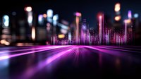 Futuristic night cityscape with neon purple lights reflecting on glossy surface, glowing skyscrapers silhouettes and bokeh effects create modern urban atmosphere.