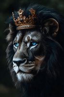 Majestic lion with piercing blue eyes wearing golden crown against dark background, dramatic lighting highlights regal features and luxurious mane.