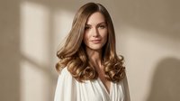 Professional young Caucasian woman with long wavy brown hair in white blazer against neutral background with natural window light shadows.
