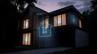 Modern smart home with glowing digital interface icons at twilight showcasing connected technology and automation systems for contemporary living.