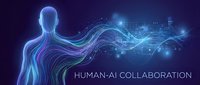 Human-AI collaboration concept with glowing blue digital figure merging into flowing data waves and circuit patterns, representing technology integration and artificial intelligence partnership.