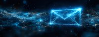Glowing blue digital envelope icon floating in dark cyberspace with particles and light effects, representing electronic communication and mail technology.