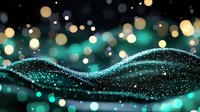 Magical turquoise glitter wave with golden bokeh lights on dark background creates dreamy abstract pattern for festive designs and holiday decorations.