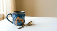 Handcrafted ceramic coffee mug with blue glaze and artistic design sits on white table beside vintage spoon in warm natural light for cozy morning routine.