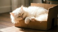 Fluffy white Persian cat sleeping peacefully in cardboard box with warm sunlight streaming through window creating cozy domestic scene for pet lovers.