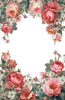 Romantic coral roses and white blossoms frame with sage green leaves on white background, ready for wedding invitations and greeting cards designs.
