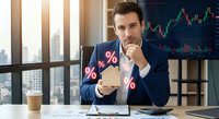 Professional businessman analyzing financial data with percentage symbols and trading charts in modern office environment for investment decisions.