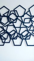 Abstract geometric pattern with overlapping dark blue pentagon shapes creating modern minimalist design on white background for contemporary decor.