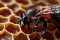 Macro photography of honey bee on honeycomb cells shows detailed insect anatomy and natural beekeeping process in warm amber tones, highlighting wing structure and body segments.