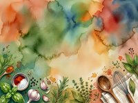 Watercolor cooking background with fresh herbs, vegetables, and kitchen utensils arranged on colorful painted surface. Flat lay culinary design for recipe blogs, food websites, and cooking content.