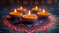 Traditional clay diya lamps with burning flames on colorful mandala pattern background during Diwali festival celebration, creating warm spiritual ambiance.