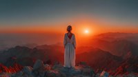 Woman in white robe standing on mountain peak watching sunrise over layered mountain ranges with warm orange and purple sky colors creating peaceful moment.
