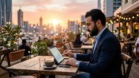 Businessman with dark hair and beard, South Asian ethnicity, wearing navy blazer, working on laptop at outdoor rooftop terrace during golden hour sunset with city skyline backdrop.