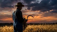 Farmer with sickle harvesting golden wheat field at dramatic sunset. Agricultural worker silhouette against colorful sky. Rural farming lifestyle and crop cultivation.