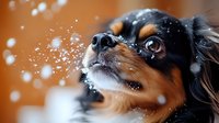 Cavalier King Charles Spaniel dog with black and tan fur catching snowflakes on snowy winter day against warm orange background, close up portrait.