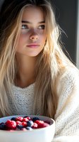 Young blonde woman with freckles and blue eyes wearing white knit sweater, holding bowl of fresh berries. Natural window lighting creates soft atmospheric portrait.
