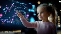 Young Caucasian girl in pink sweater pointing at glowing financial chart with trading data visualization on dark background with bokeh lights, future technology concept.