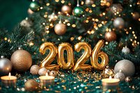 Gold foil balloons forming number 2026 with Christmas decorations, ornaments, burning candles and bokeh lights against dark green pine branches background.