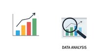 Business analytics icons showing growth chart with upward arrow and magnifying glass over data bars for financial reports and market research presentations.